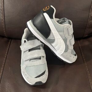 Puma Kids Sneakers in Gray, Black, and White with Orange Accents